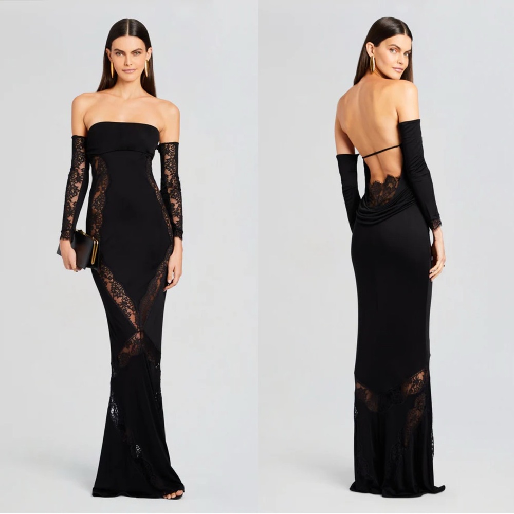 Retrofete Chandler Dress Embroidered Lace Strapless Open Back Maxi Black Size M